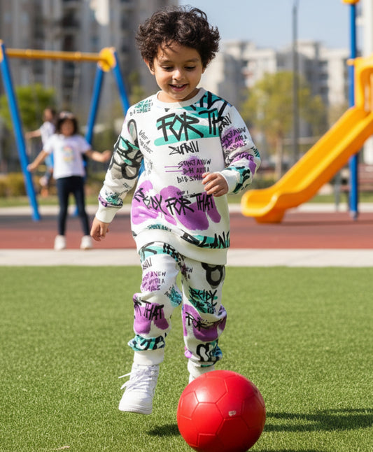 READY FOR THAT ROUND NECK BOYS FLEECE SWEATSHIRT JOGGER SET - WHITE