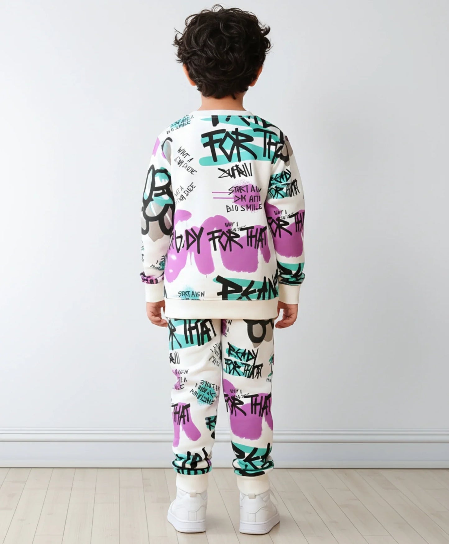 READY FOR THAT ROUND NECK BOYS FLEECE SWEATSHIRT JOGGER SET - WHITE