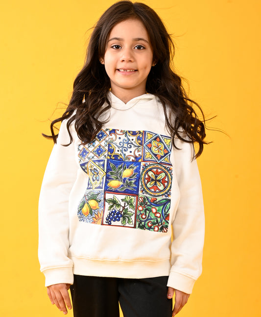 LEMON VIBES FLEECE GIRLS HOODIE - WHITE