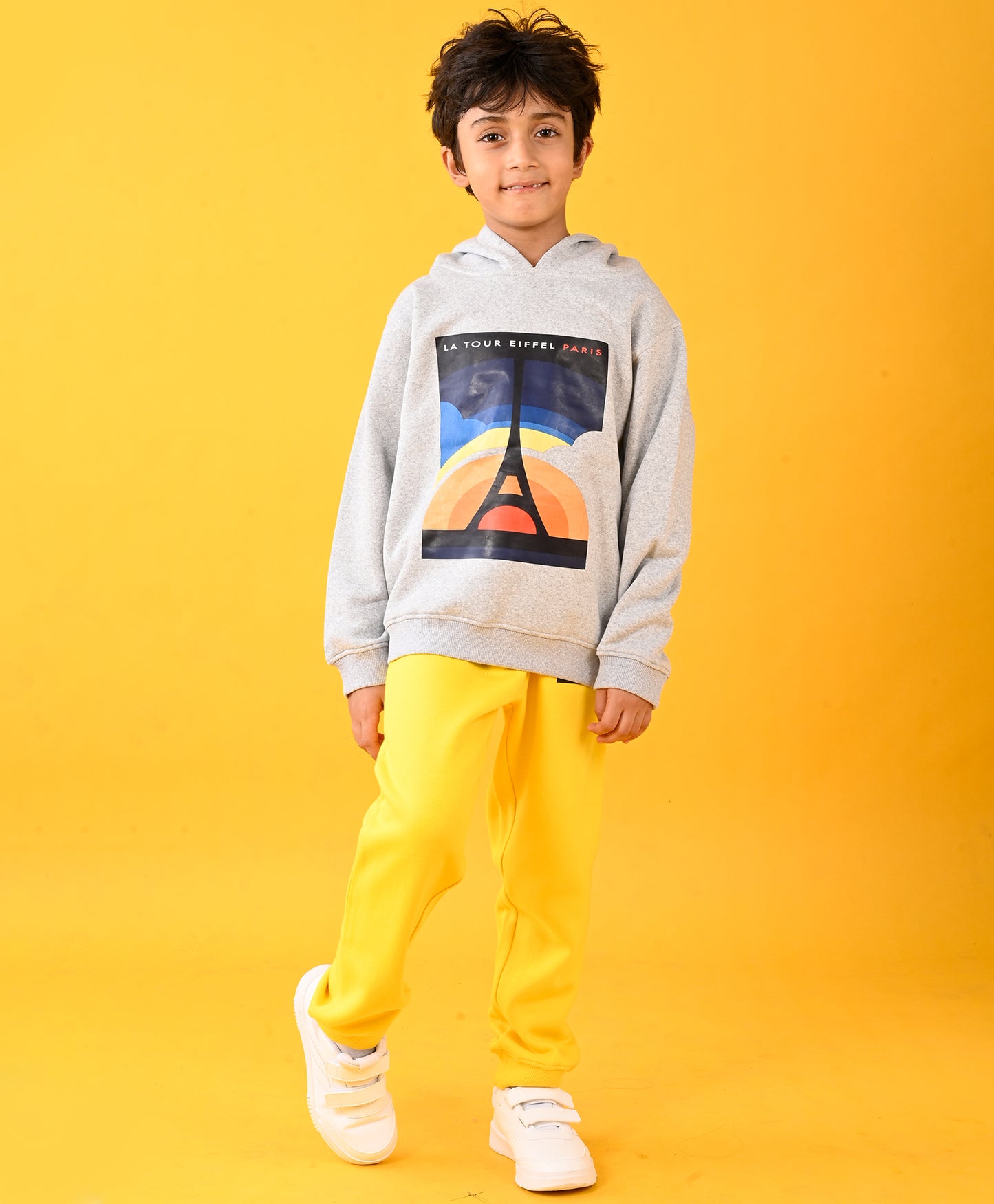 PARIS GREY MELANGE FLEECE HOODIE AND YELLOW FLEECE JOGGER SET - GREY/YELLOW