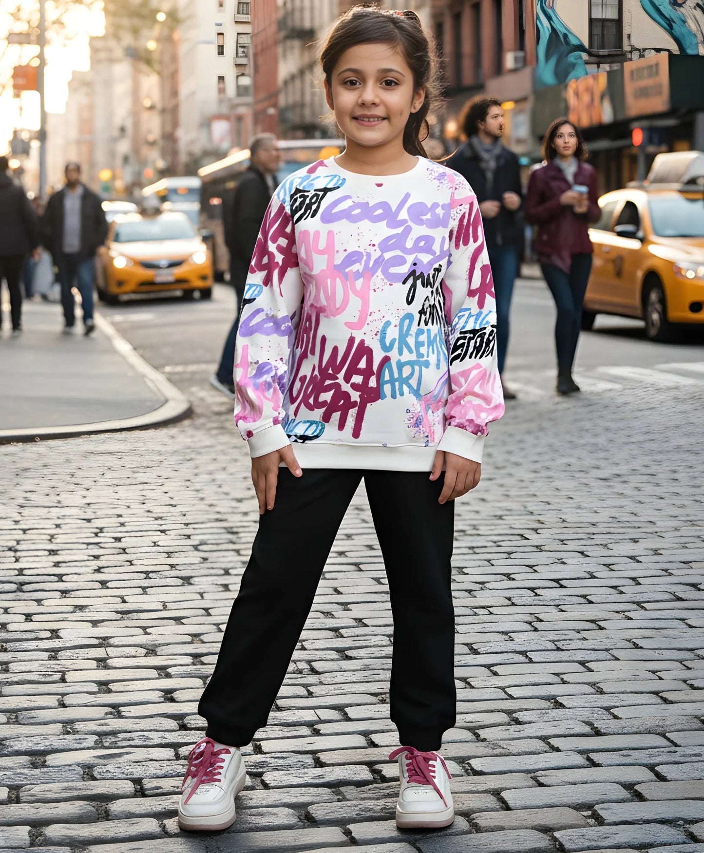 CREATE ART FUN FLEECE SWEATSHIRT AND BLACK JOGGER SET - WHITE/BLACK