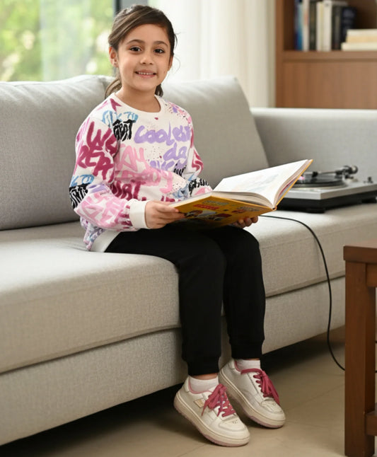 CREATE ART FUN FLEECE SWEATSHIRT AND BLACK JOGGER SET - WHITE/BLACK