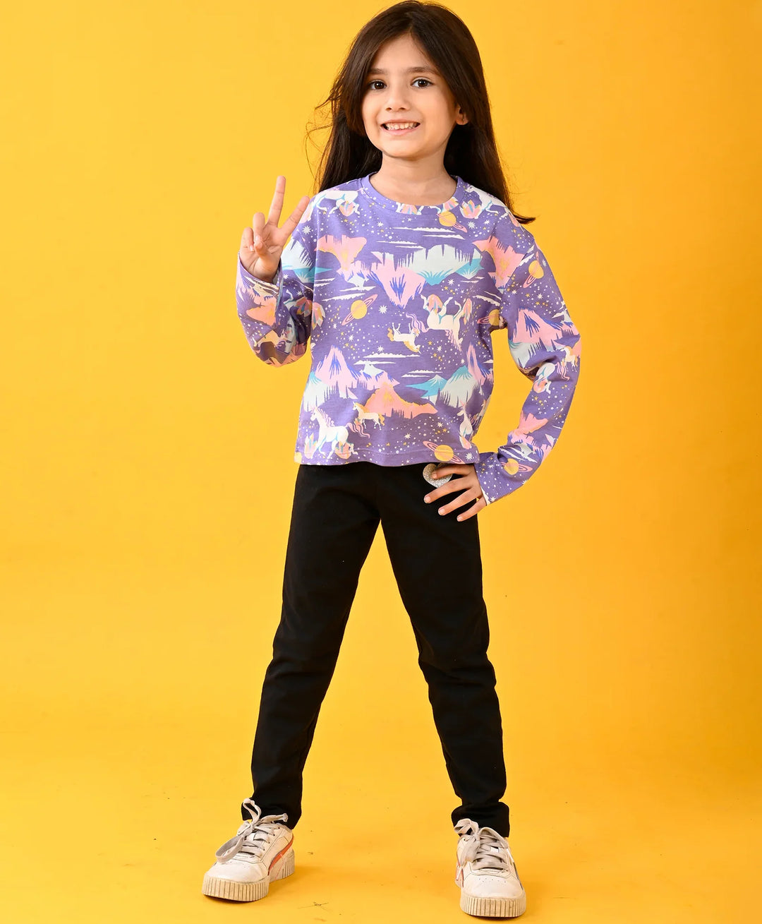 UNICORN PLANET FUN LONG SLEEVES T-SHIRT AND BLACK HEART JOGGER SET - PURPLE/BLACK - Anthrilo 