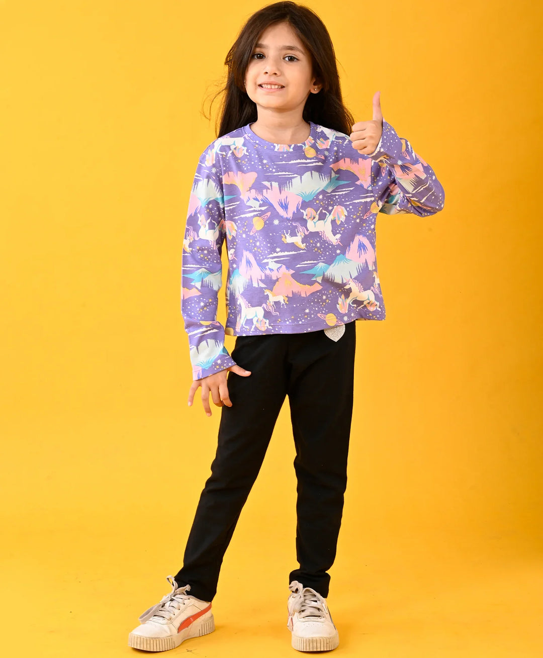 UNICORN PLANET FUN LONG SLEEVES T-SHIRT AND BLACK HEART JOGGER SET - PURPLE/BLACK - Anthrilo 