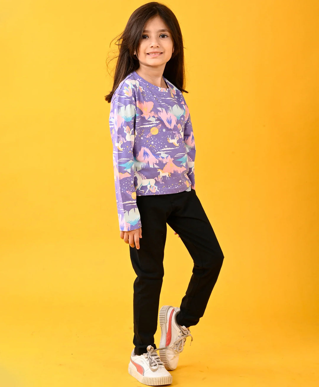 UNICORN PLANET FUN LONG SLEEVES T-SHIRT AND BLACK HEART JOGGER SET - PURPLE/BLACK - Anthrilo 