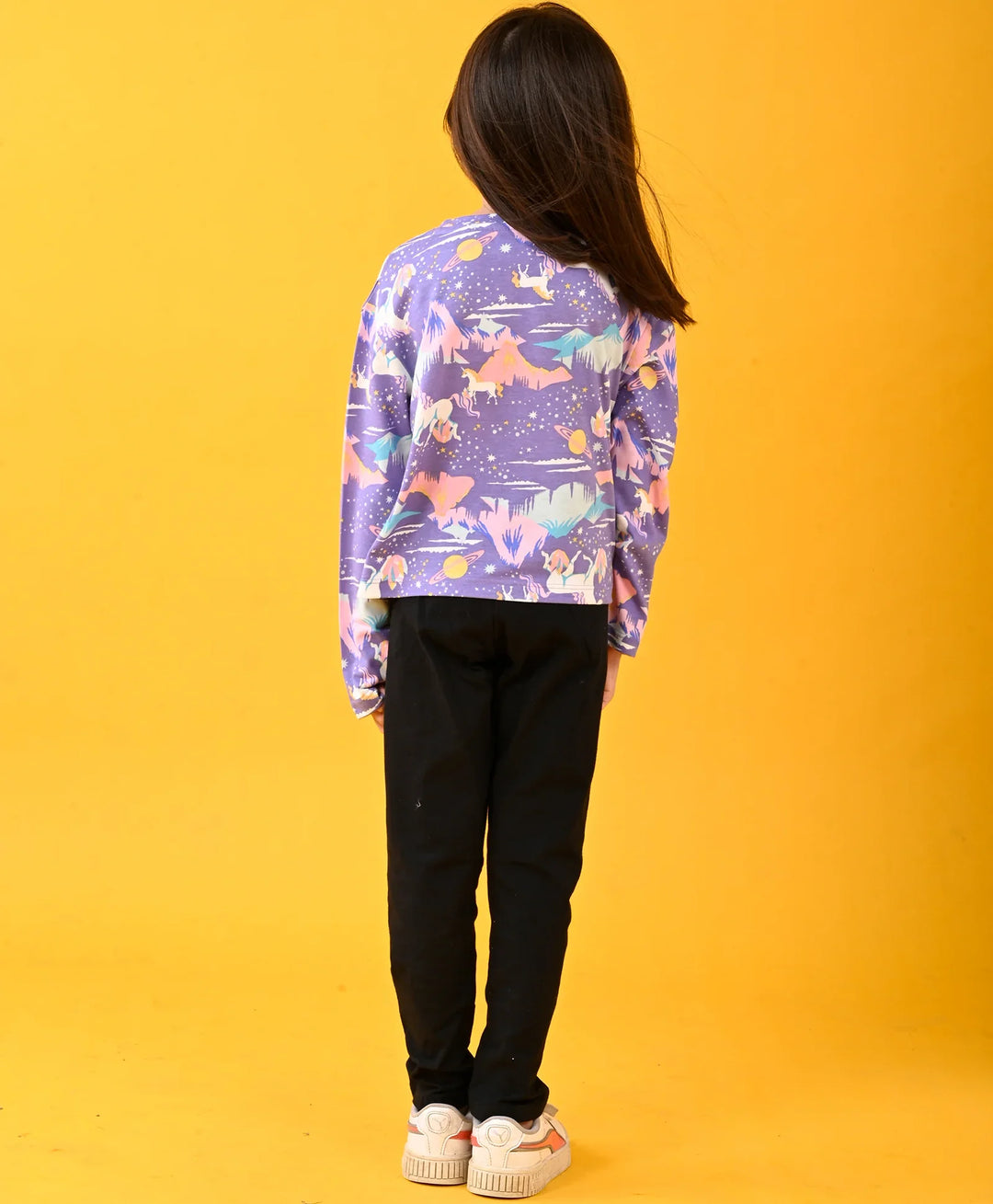 UNICORN PLANET FUN LONG SLEEVES T-SHIRT AND BLACK HEART JOGGER SET - PURPLE/BLACK - Anthrilo 