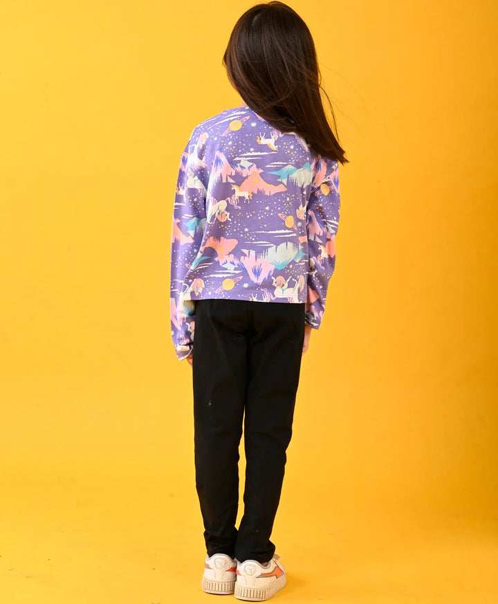 UNICORN PLANET FUN LONG SLEEVES T-SHIRT AND BLACK HEART JOGGER SET - PURPLE/BLACK - Anthrilo 