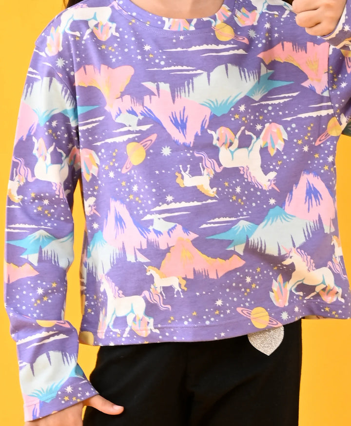 UNICORN PLANET FUN LONG SLEEVES T-SHIRT AND BLACK HEART JOGGER SET - PURPLE/BLACK - Anthrilo 