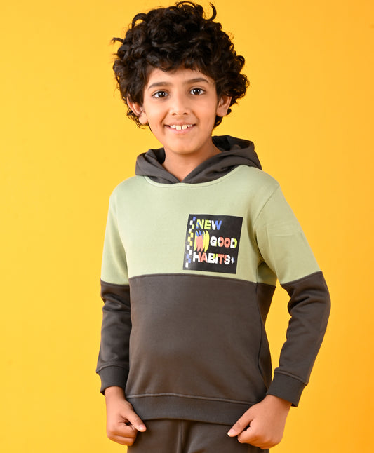 NEW GOOD HABBITS OLIVE GREY COLOR BLOCK FLEECE HOODIE - OLIVE