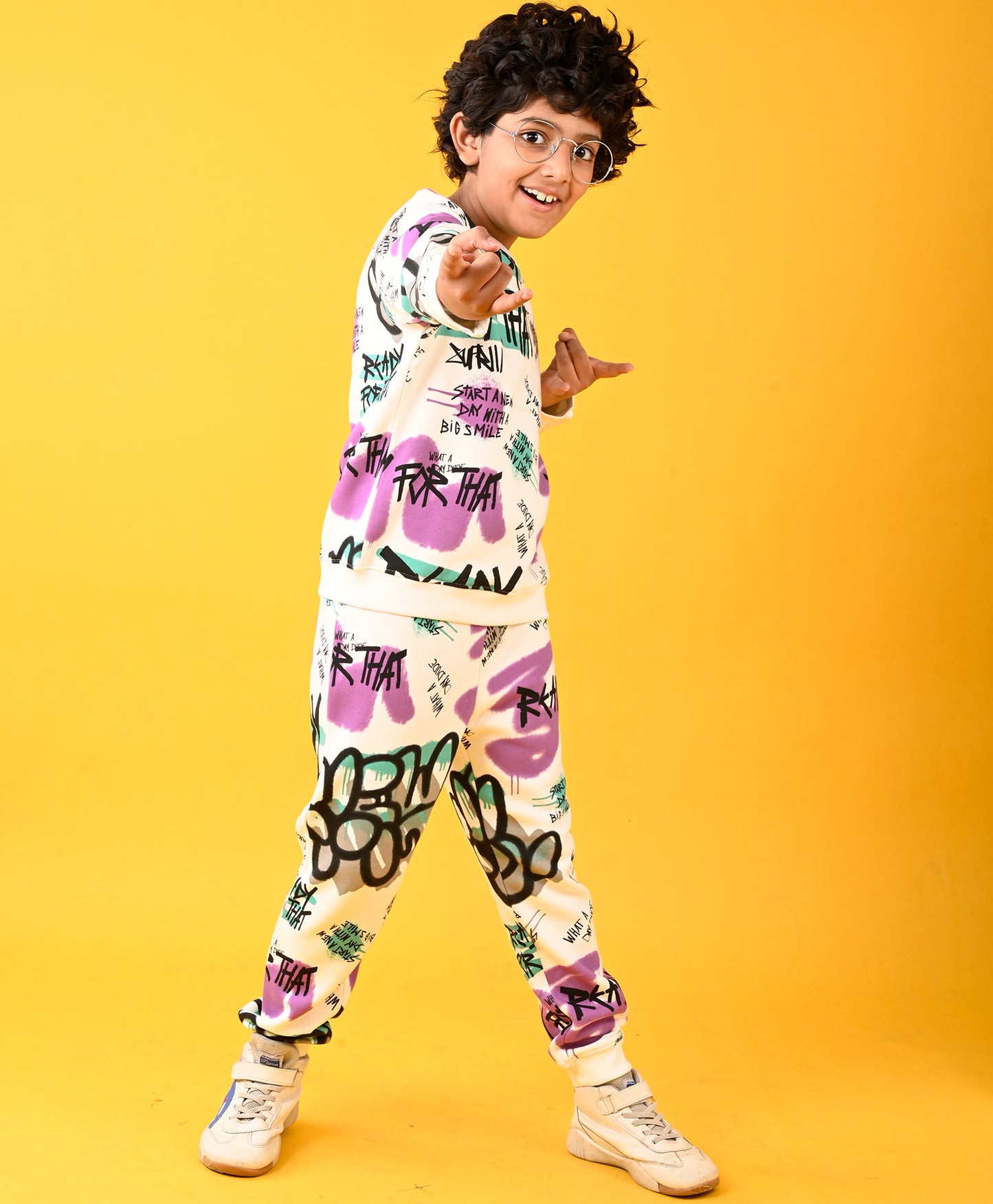 READY FOR THAT FUN ROUND NECK BOYS FLEECE SWEATSHIRT JOGGER SET - WHITE
