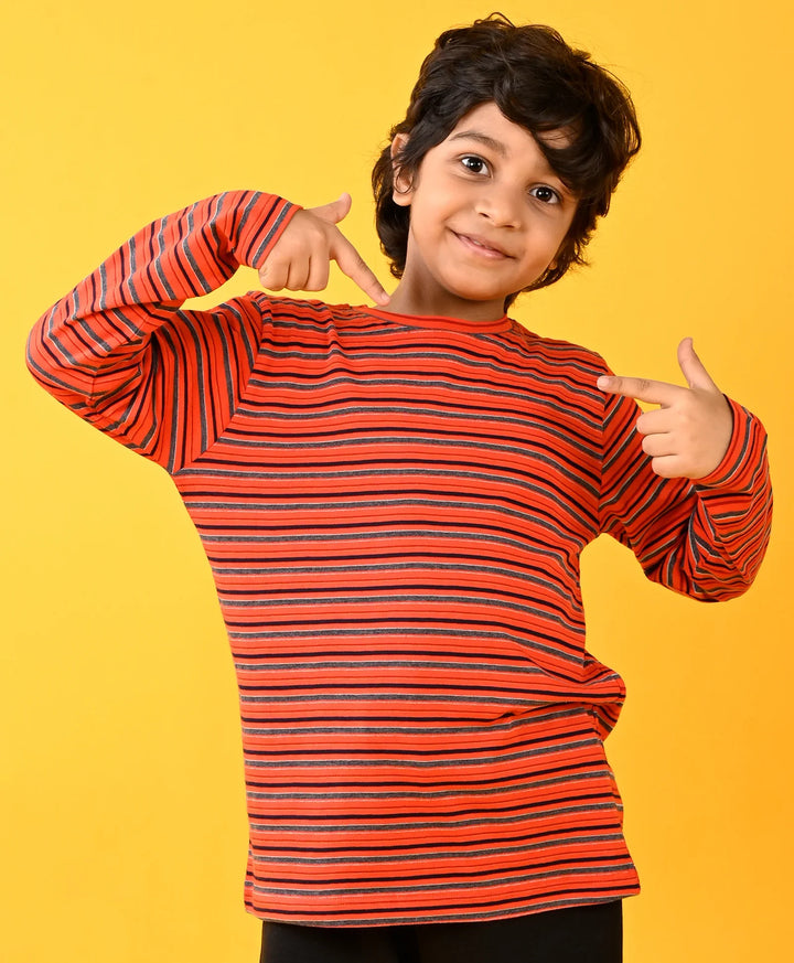 Red Grey Striped Long Sleeves T-Shirt - Red