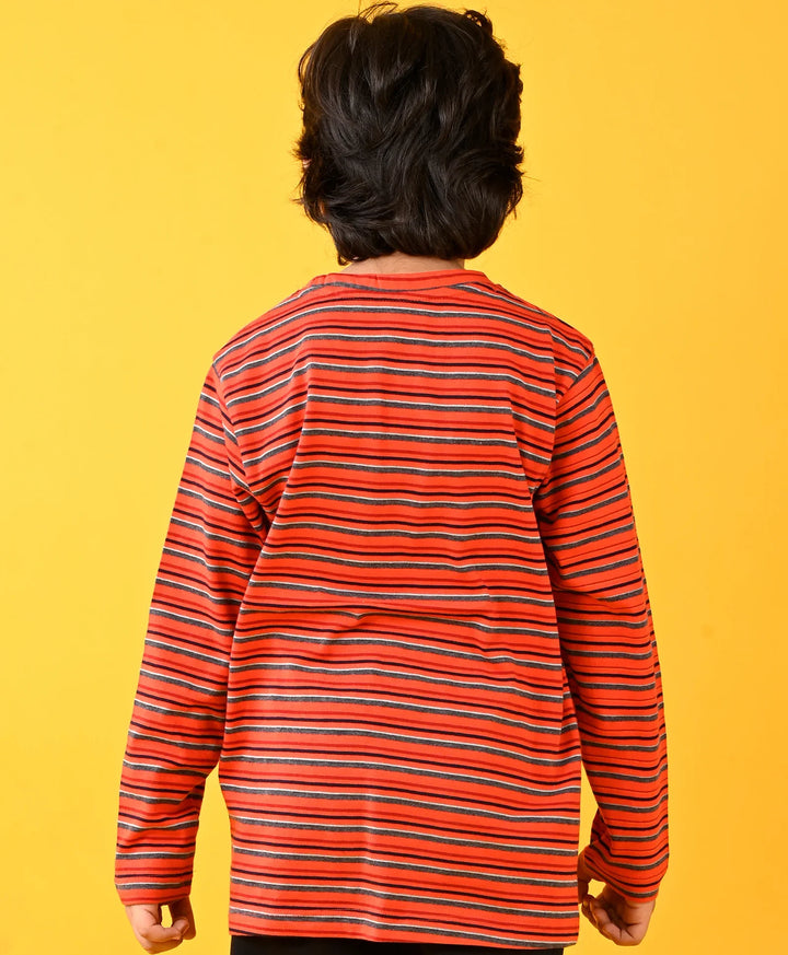Red Grey Striped Long Sleeves T-Shirt - Red