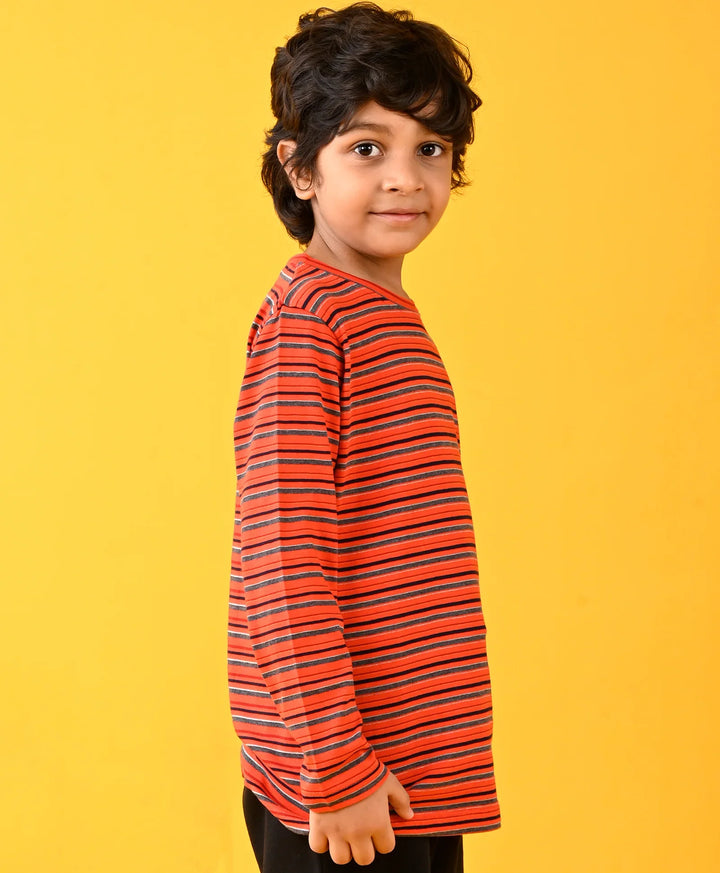 Red Grey Striped Long Sleeves T-Shirt - Red