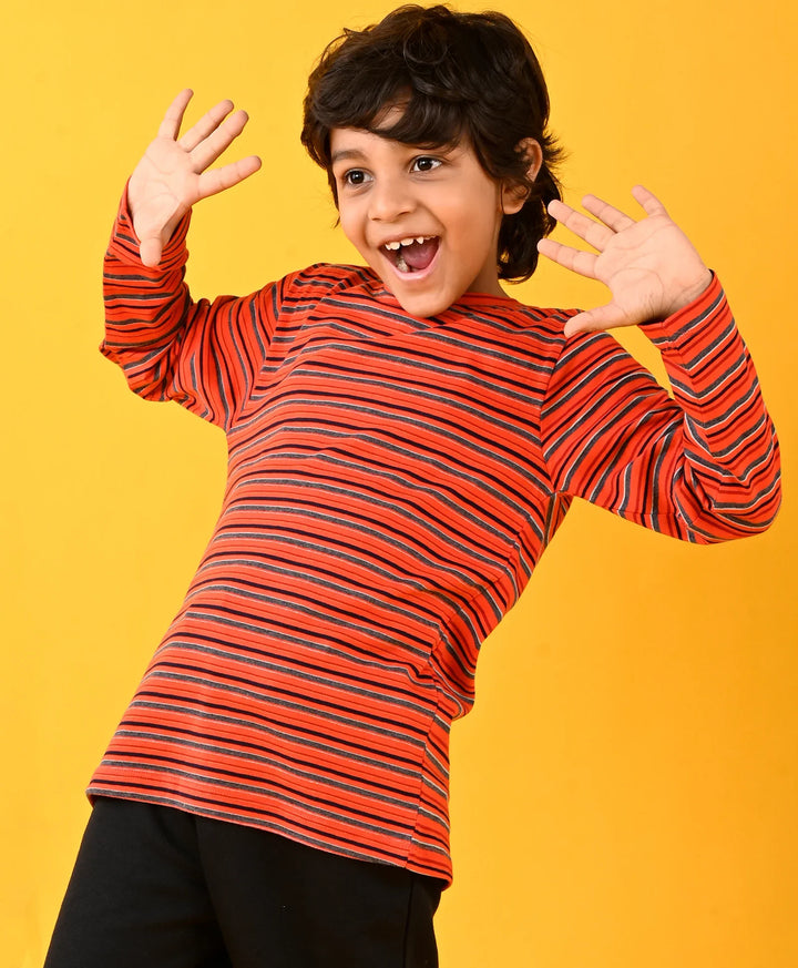 Red Grey Striped Long Sleeves T-Shirt - Red