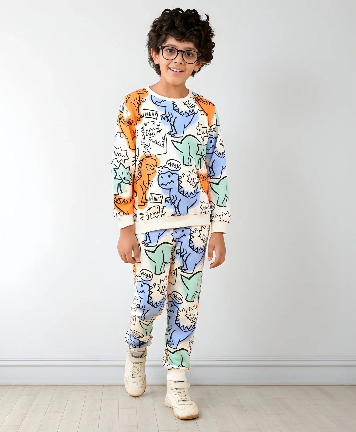 DINOSAUR WOW FUN FLEECE SWEATSHIRT JOGGER SET - WHITE