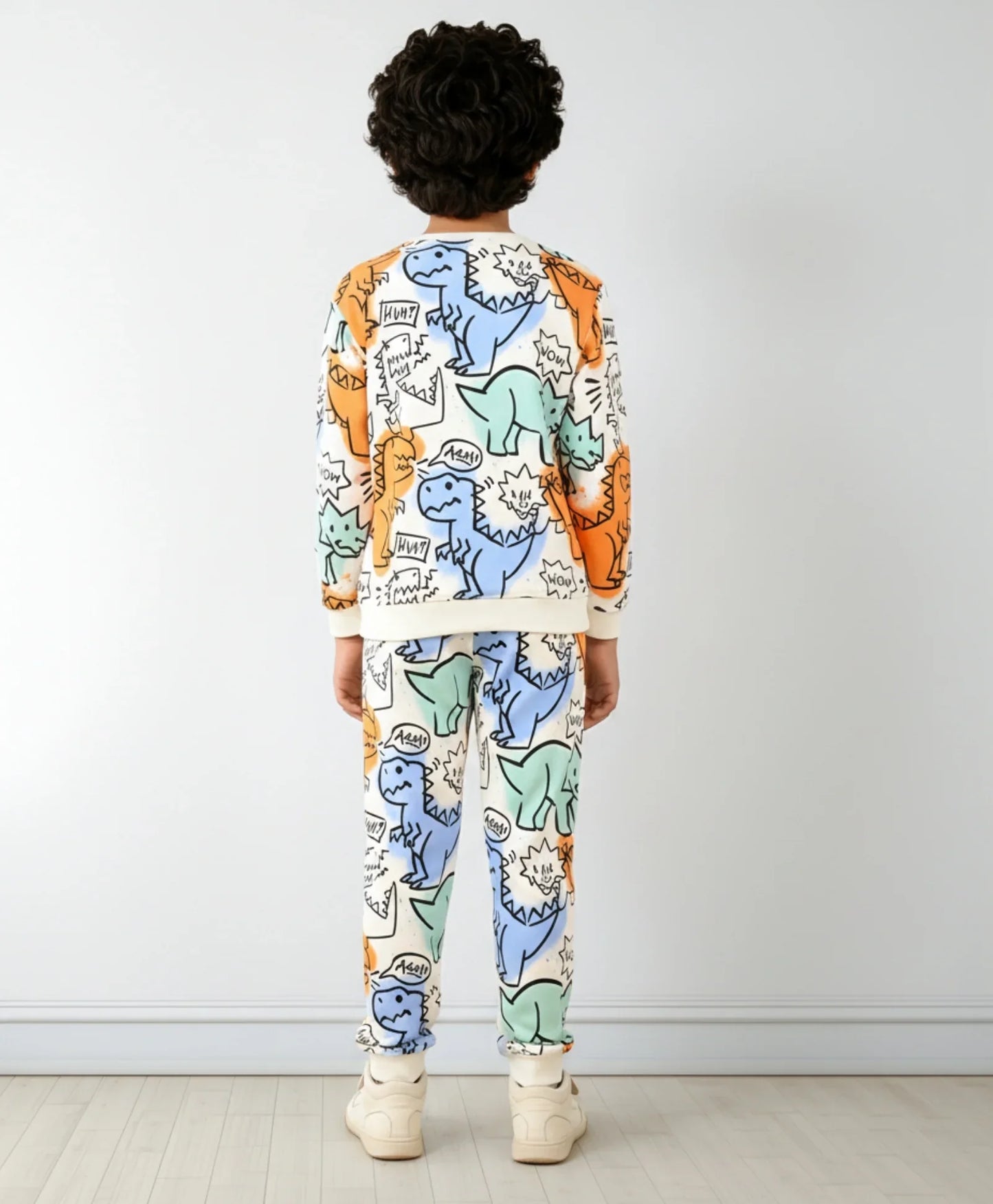 DINOSAUR WOW FUN FLEECE SWEATSHIRT JOGGER SET - WHITE