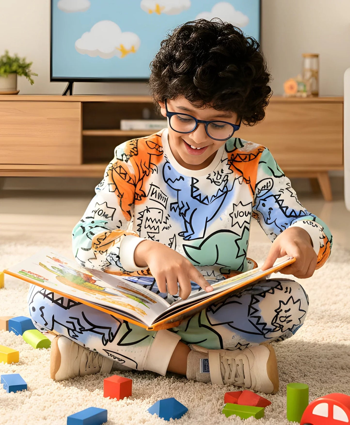 DINOSAUR WOW FUN FLEECE SWEATSHIRT JOGGER SET - WHITE