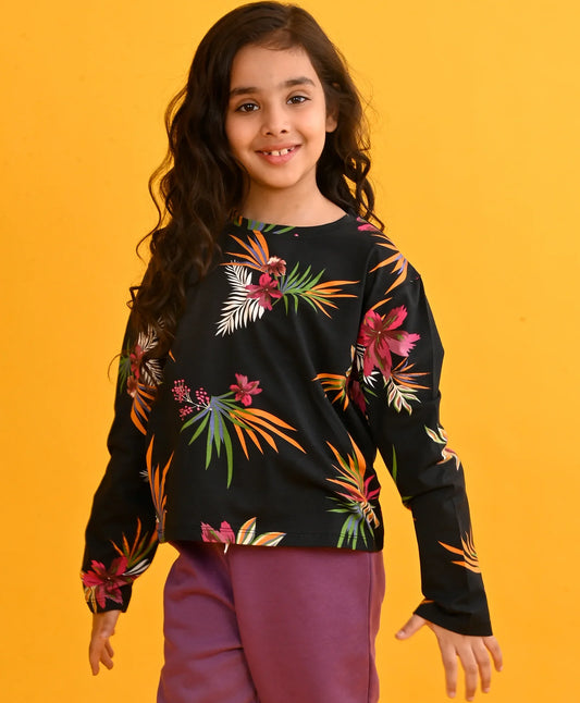 FLORAL BLACK LONG SLEEVES T-SHIRT - BLACK