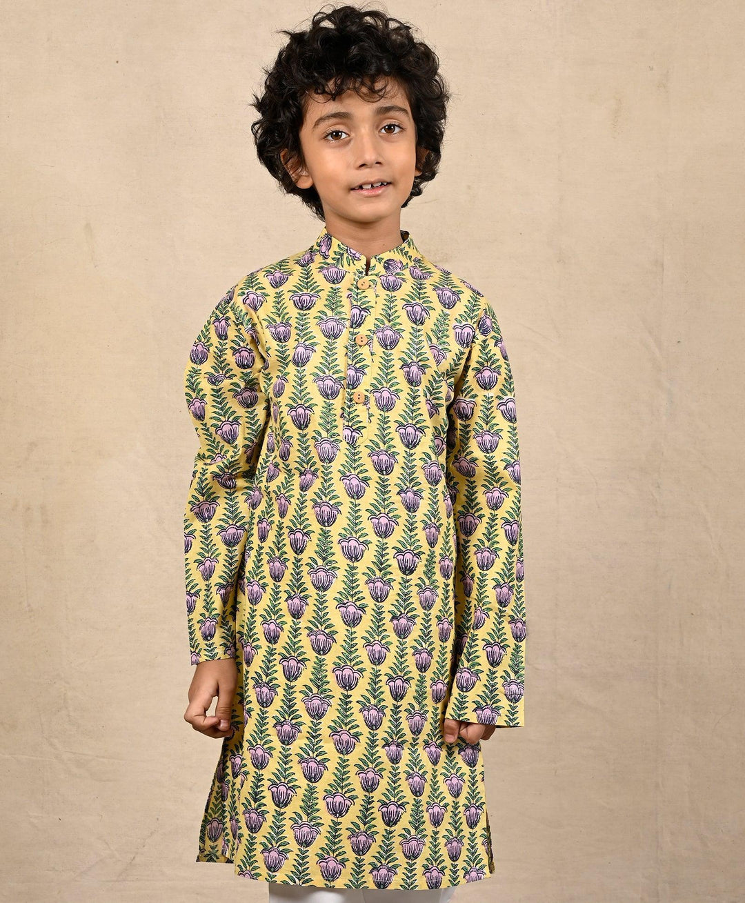 YELLOW BLOCK PRINT PURE COTTON KURTA - YELLOW