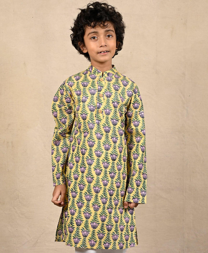 YELLOW BLOCK PRINT PURE COTTON KURTA - YELLOW