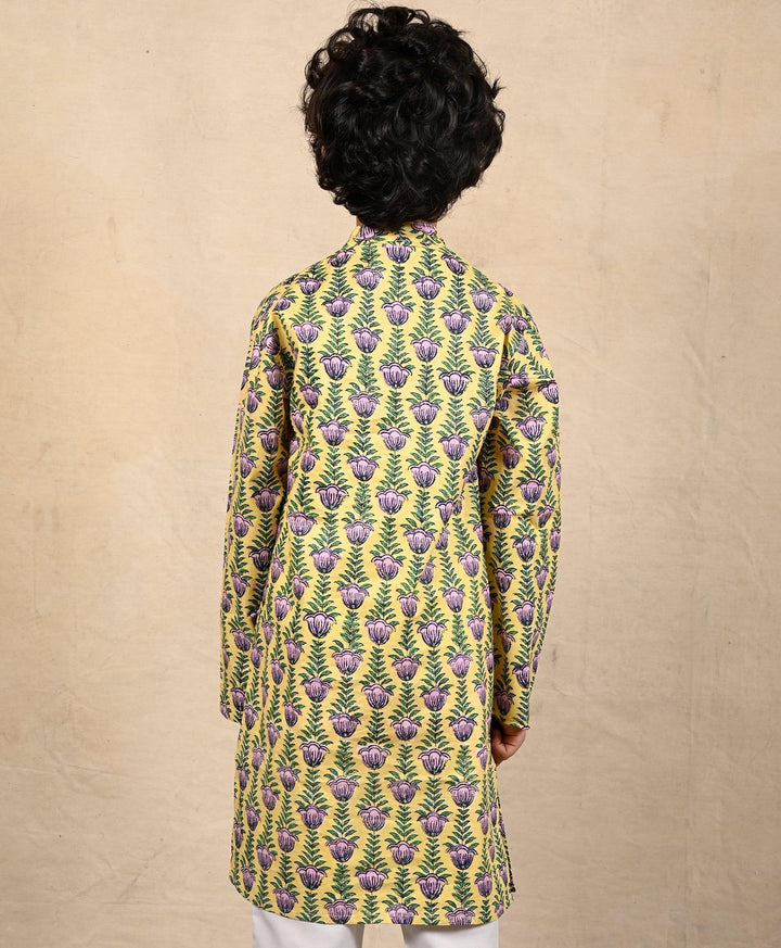 YELLOW BLOCK PRINT PURE COTTON KURTA - YELLOW