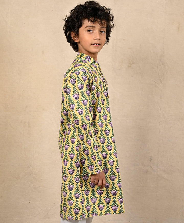 YELLOW BLOCK PRINT PURE COTTON KURTA - YELLOW