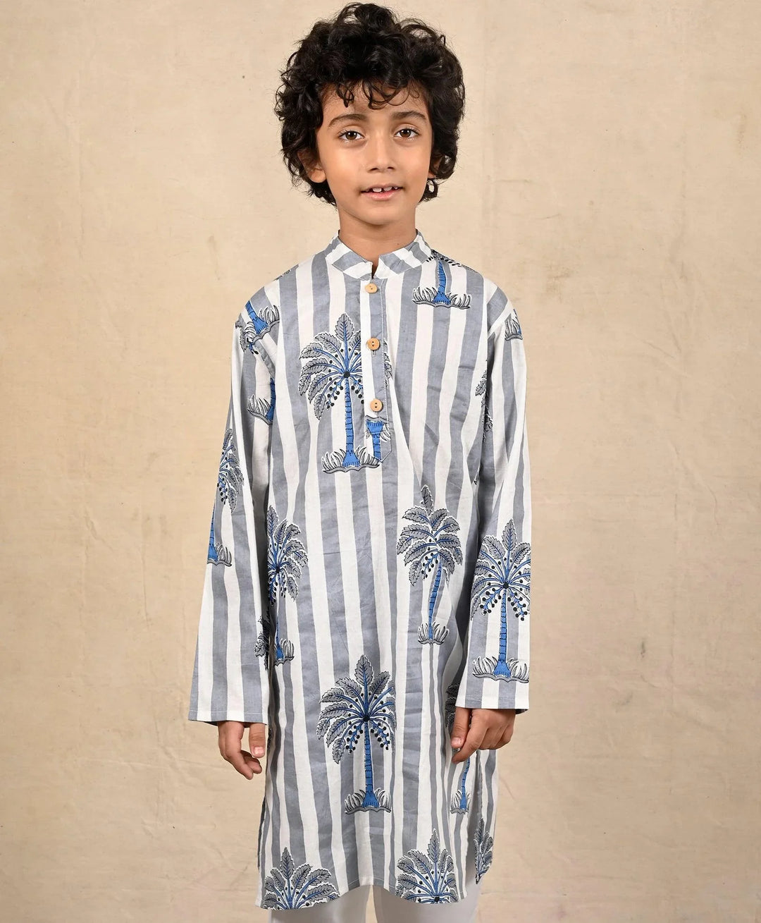 STRIPED FESTIVE PRINTED PURE COTTON KURTA - BLUE