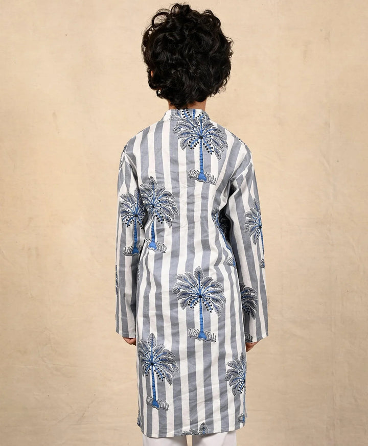STRIPED FESTIVE PRINTED PURE COTTON KURTA - BLUE