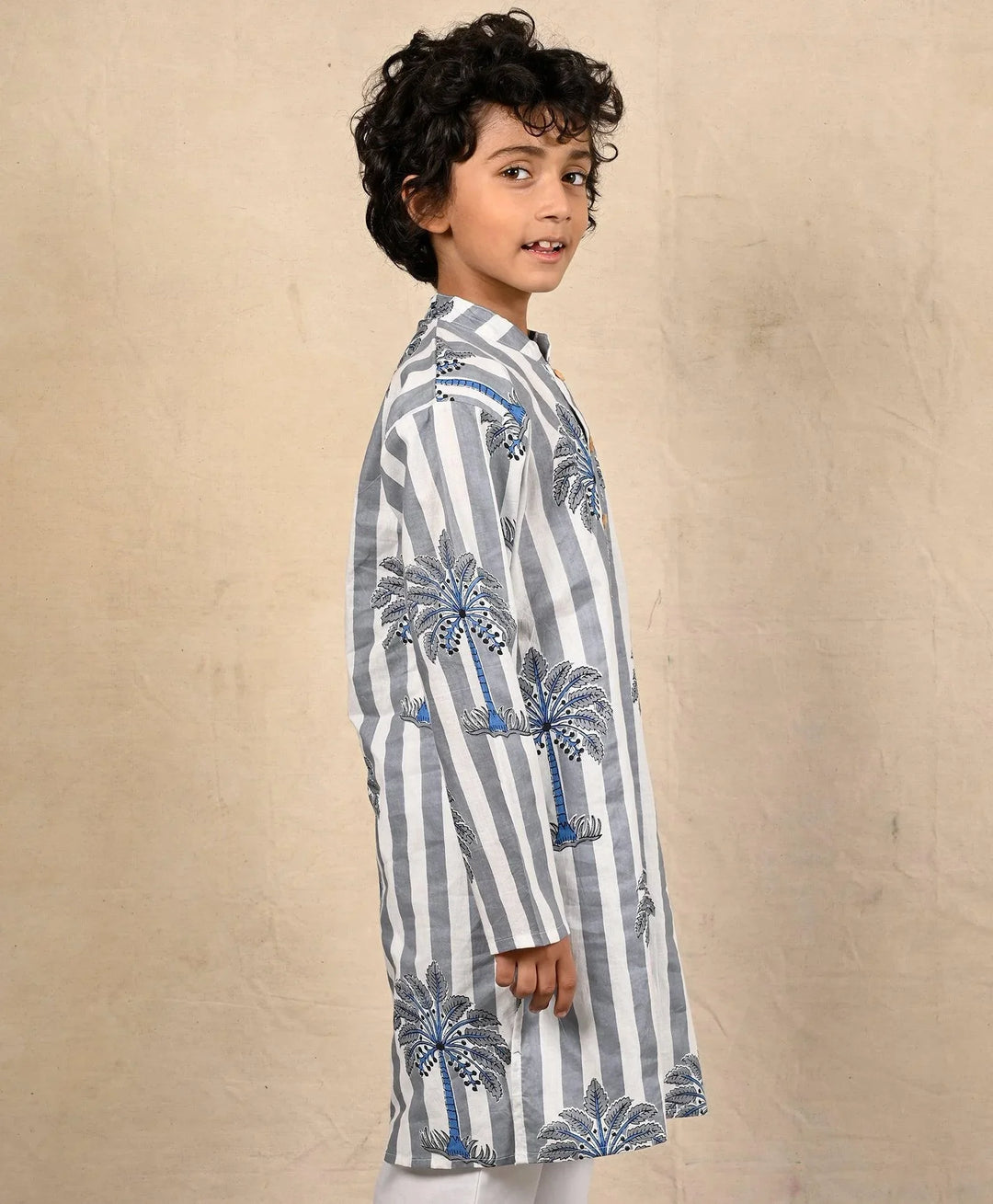 STRIPED FESTIVE PRINTED PURE COTTON KURTA - BLUE