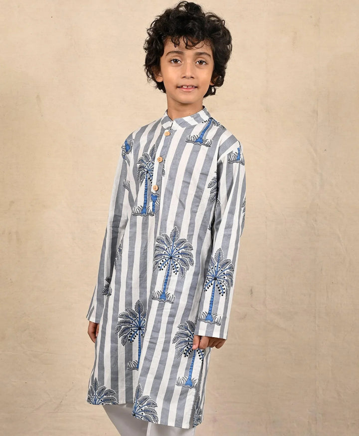 STRIPED FESTIVE PRINTED PURE COTTON KURTA - BLUE