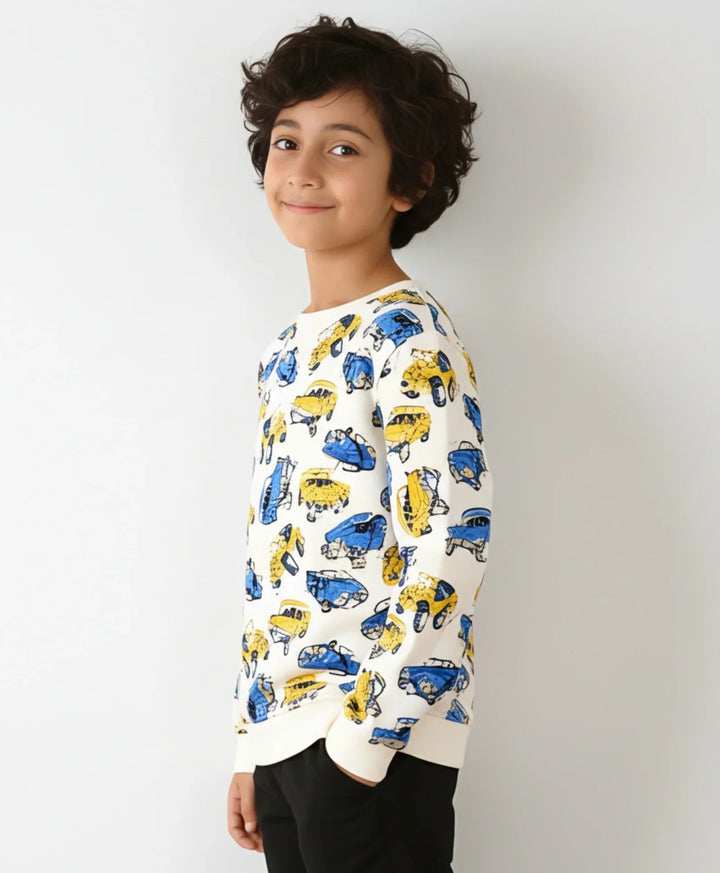 CARS PRINT BOYS FLEECE SWEATSHIRT-WHITE - Anthrilo 