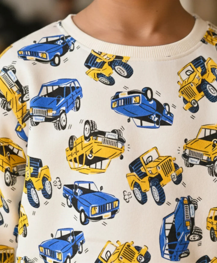CARS PRINT BOYS FLEECE SWEATSHIRT-WHITE - Anthrilo 