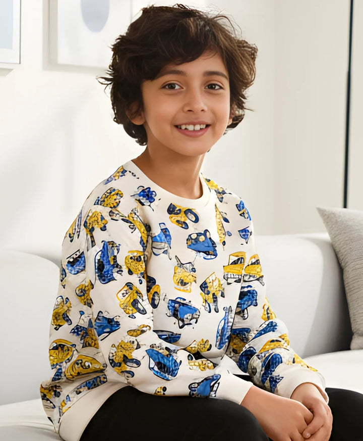 CARS PRINT BOYS FLEECE SWEATSHIRT-WHITE - Anthrilo 