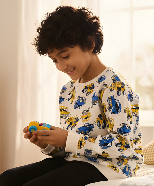 CARS PRINT BOYS FLEECE SWEATSHIRT-WHITE