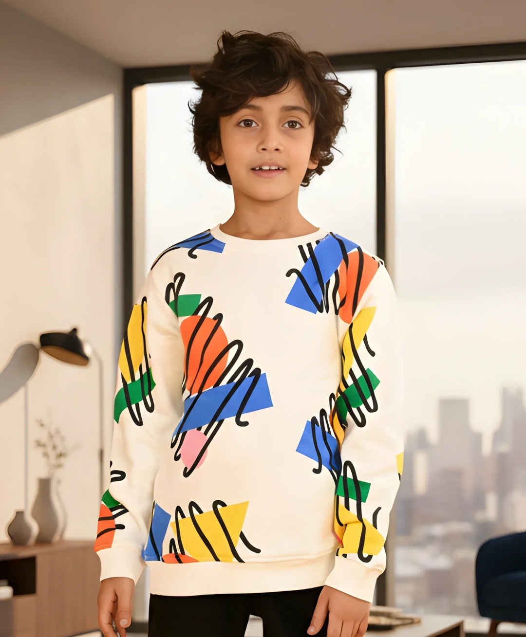 SHAPES PRINT FLEECE BOYS SWEATSHIRT - WHITE - Anthrilo 
