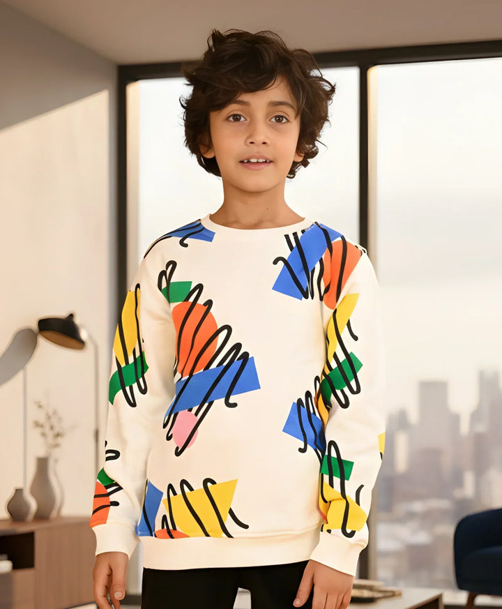 SHAPES PRINT FLEECE BOYS SWEATSHIRT - WHITE - Anthrilo 