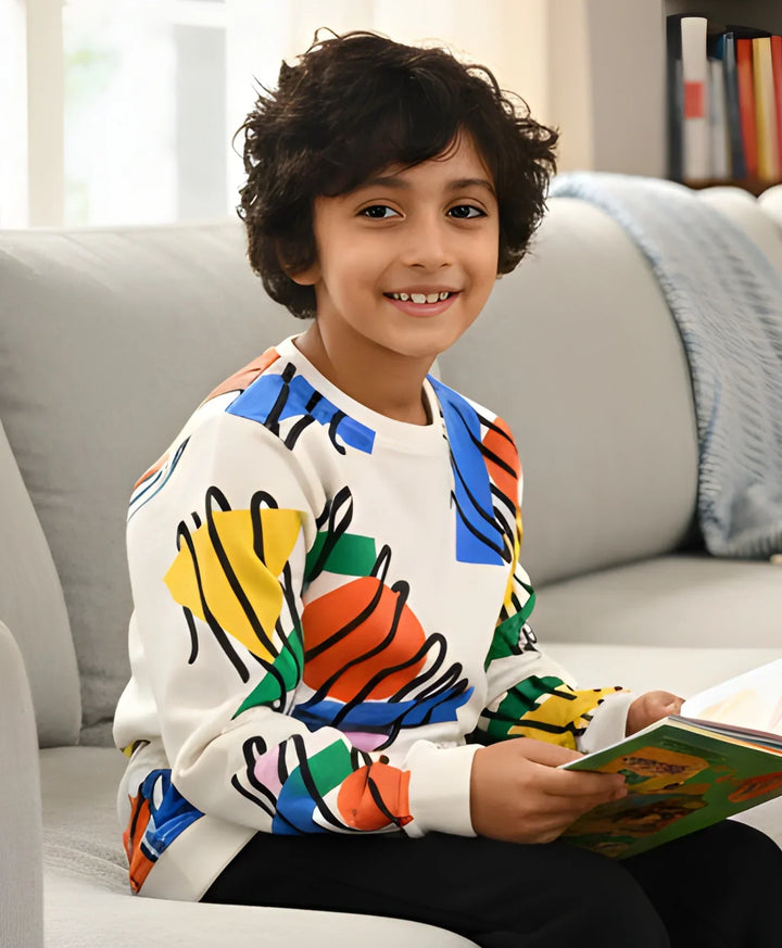 SHAPES PRINT FLEECE BOYS SWEATSHIRT - WHITE - Anthrilo 