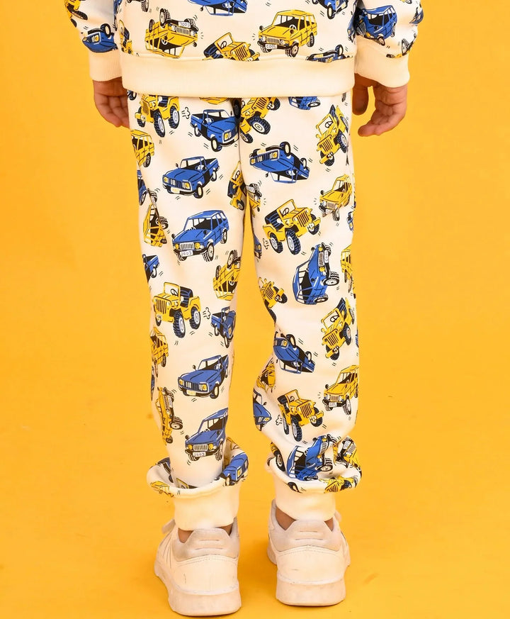 CARS PRINT FLEECE BOYS JOGGER -WHITE