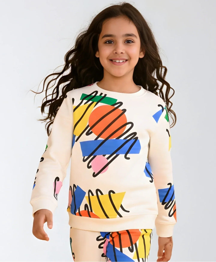 SHAPES PRINT FLEECE GIRLS SWEATSHIRT - WHITE - Anthrilo 