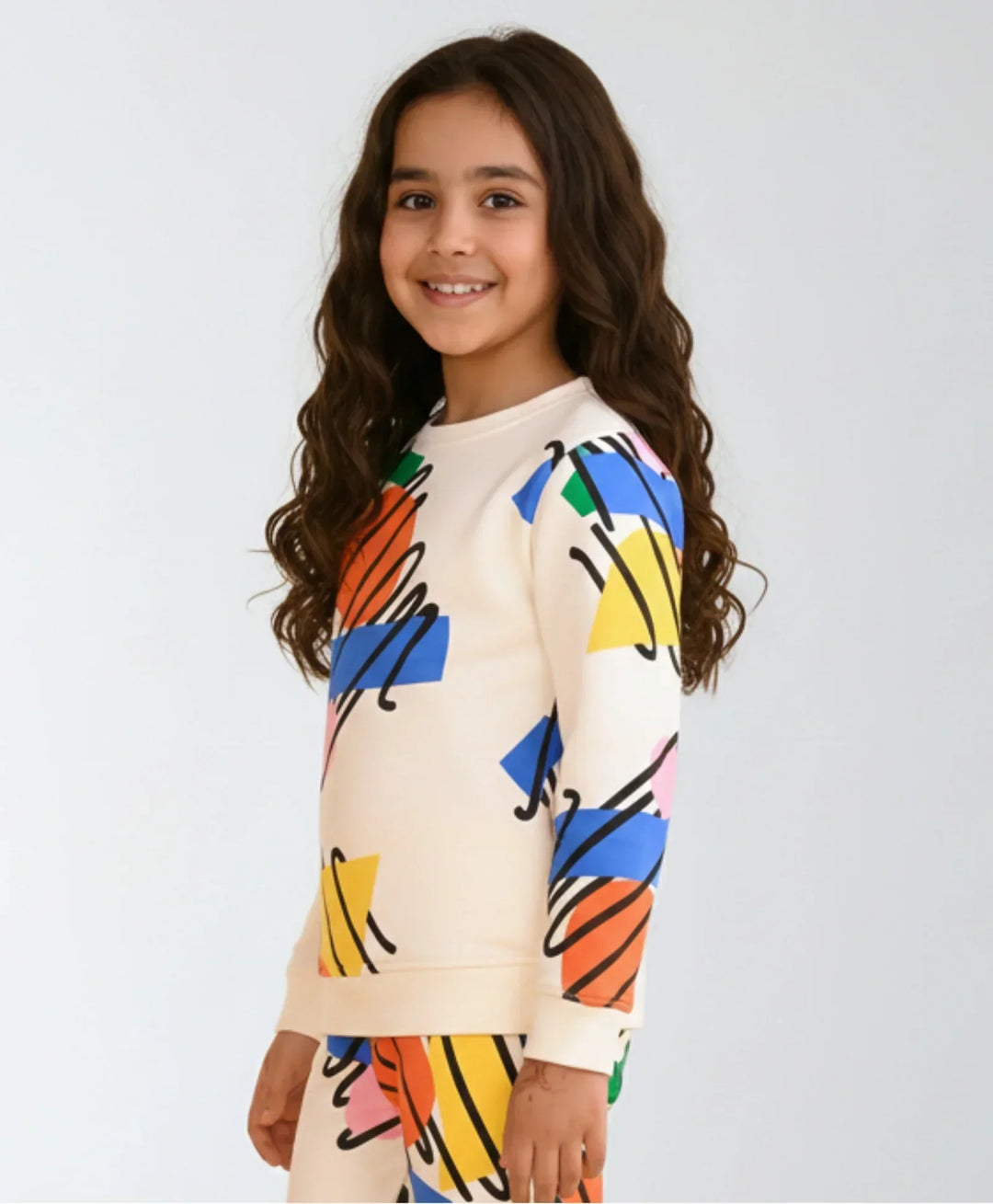 SHAPES PRINT FLEECE GIRLS SWEATSHIRT - WHITE - Anthrilo 