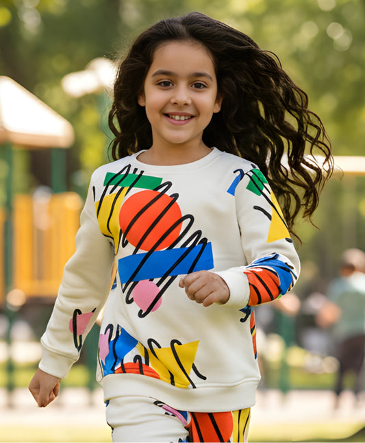 SHAPES PRINT FLEECE GIRLS SWEATSHIRT - WHITE