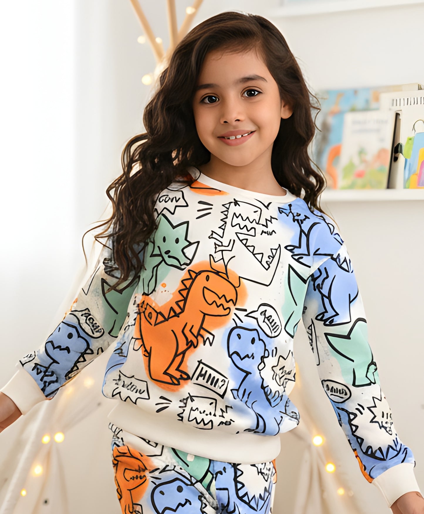 DINOSAUR WOW FLEECE GIRLS SWEATSHIRT - WHITE