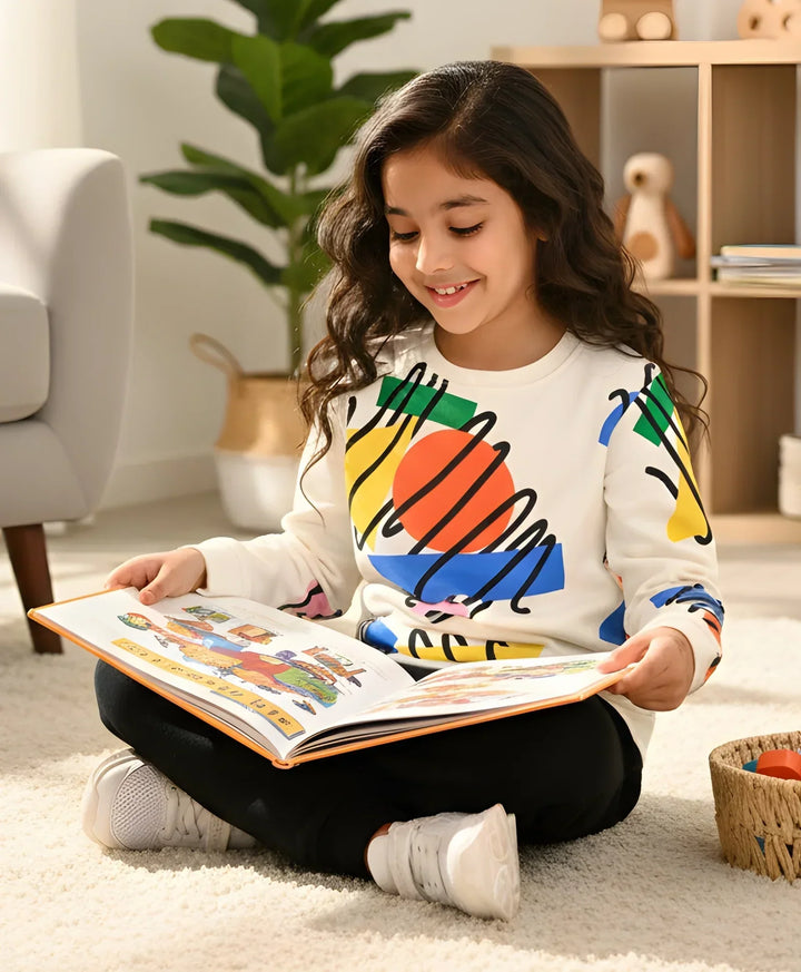 SHAPES PRINT GIRLS SWEATSHIRT BLACK HEART FLEECE JOGGER SET - WHITE/BLACK - Anthrilo 