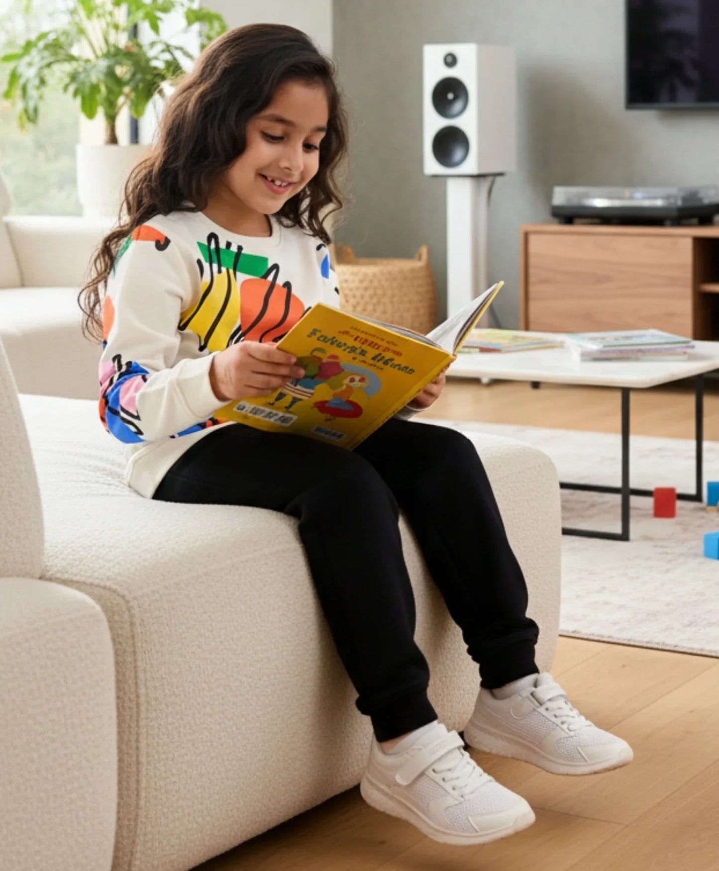 SHAPES PRINT GIRLS SWEATSHIRT BLACK HEART FLEECE JOGGER SET - WHITE/BLACK