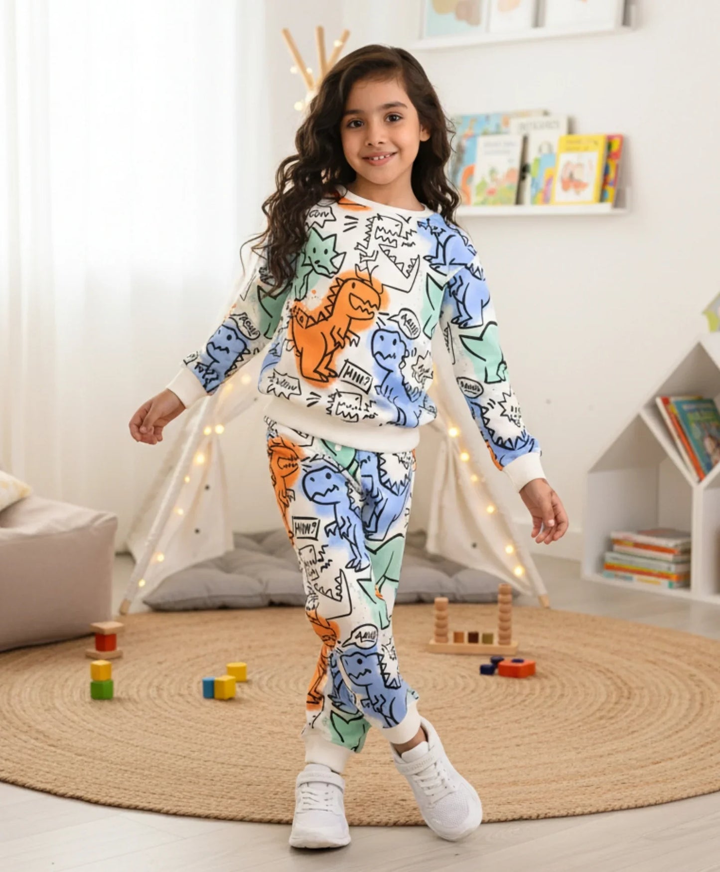 WOW DINOSAUR GIRLS SWEATSHIRT JOGGER SET - WHITE