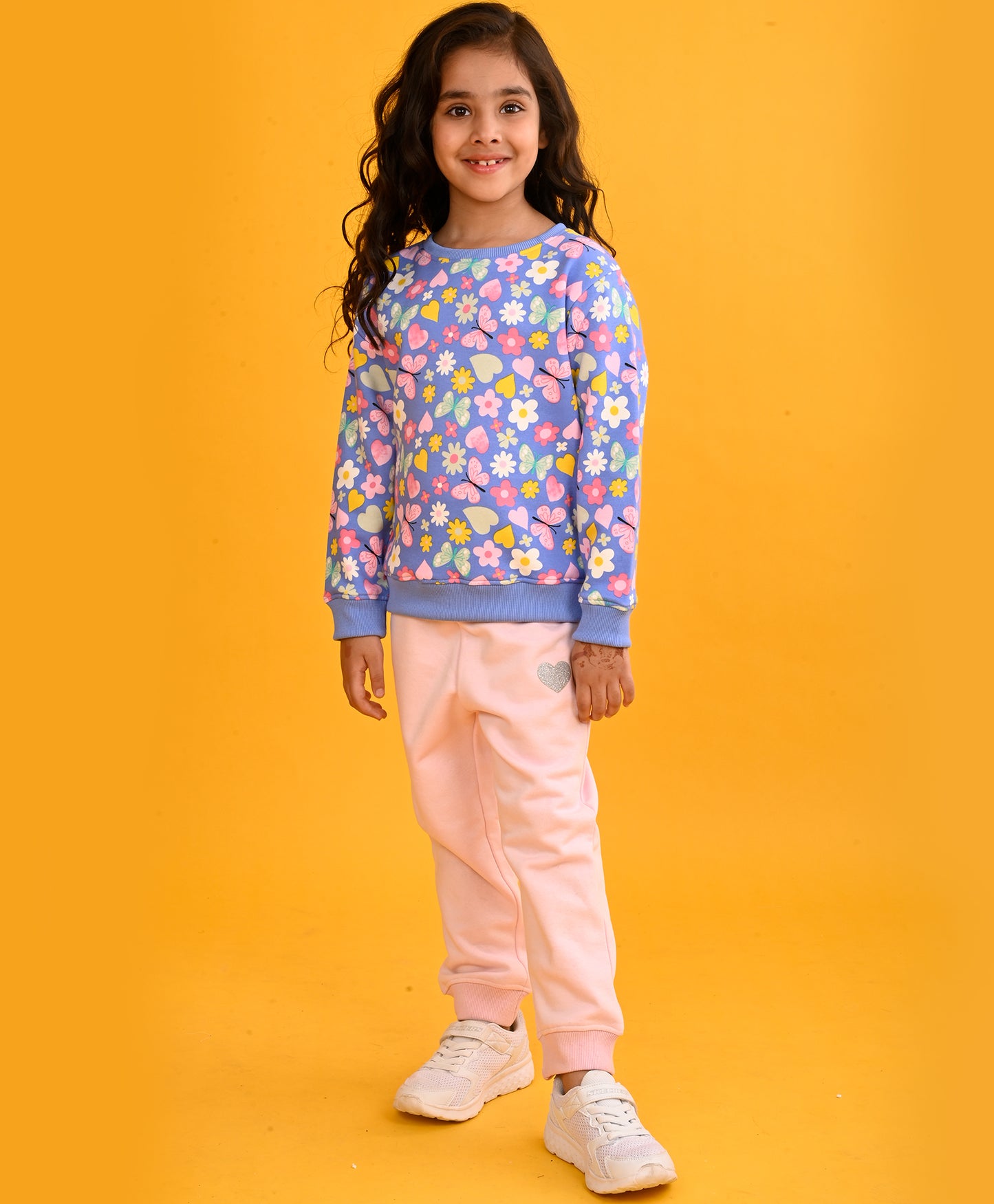 BLUE HEART FLOWERS GIRLS SWEATSHIRT PINK HEART FLEECE JOGGER SET - BLUE/PINK