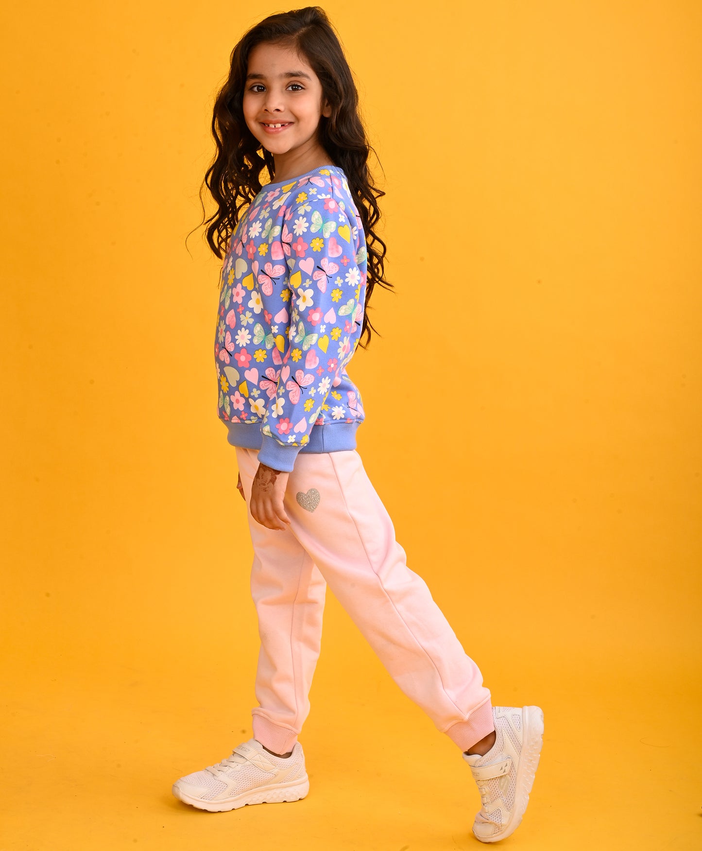 BLUE HEART FLOWERS GIRLS SWEATSHIRT PINK HEART FLEECE JOGGER SET - BLUE/PINK