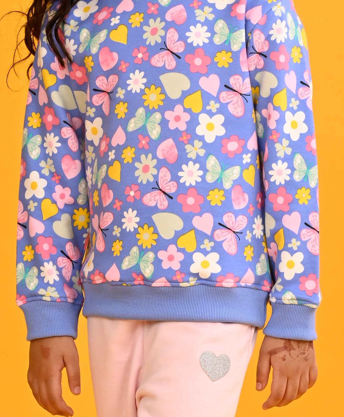 BLUE HEART FLOWERS GIRLS SWEATSHIRT PINK HEART FLEECE JOGGER SET - BLUE/PINK