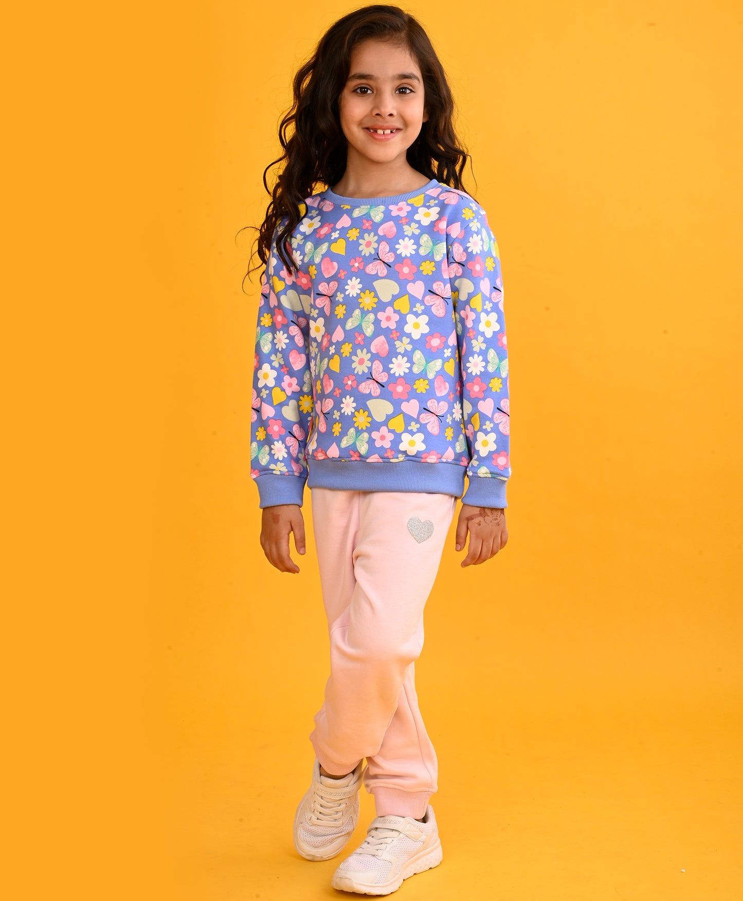 BLUE HEART FLOWERS GIRLS SWEATSHIRT PINK HEART FLEECE JOGGER SET - BLUE/PINK