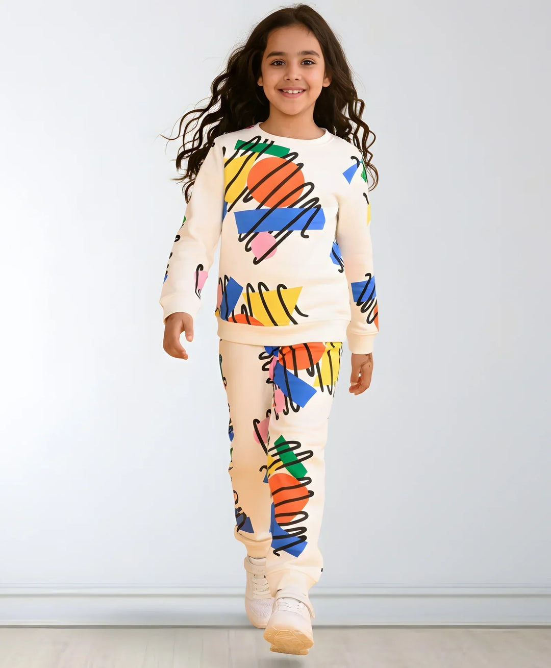 SHAPES PRINT GIRLS SWEATSHIRT FLEECE JOGGER SET - WHITE - Anthrilo 